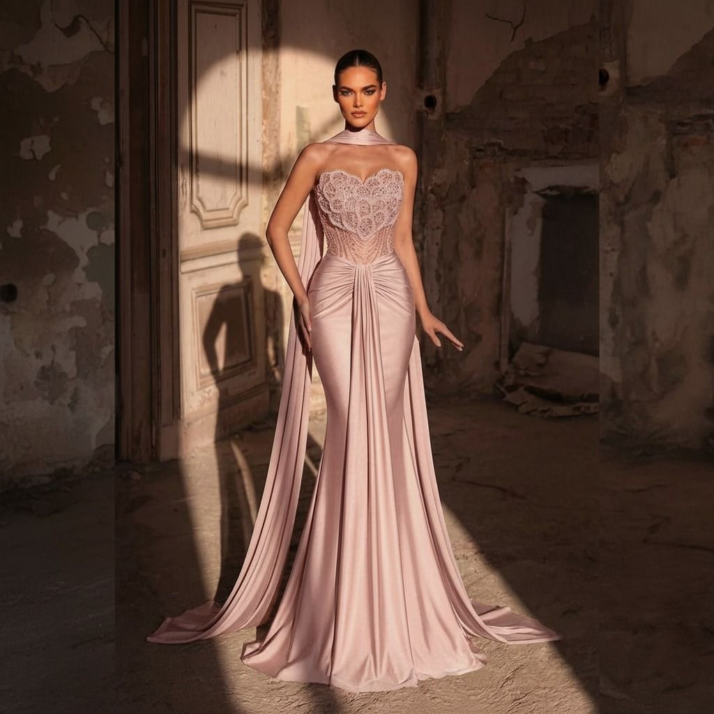Vestido largo rosa pálido silueta sirena con capa y cola, visto en ángulo tres cuartos con luz lateral