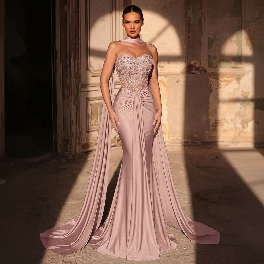 Vestido sirena rosa pálido de cuerpo entero con capa lateral extendida hasta el suelo y falda drapeada frontal