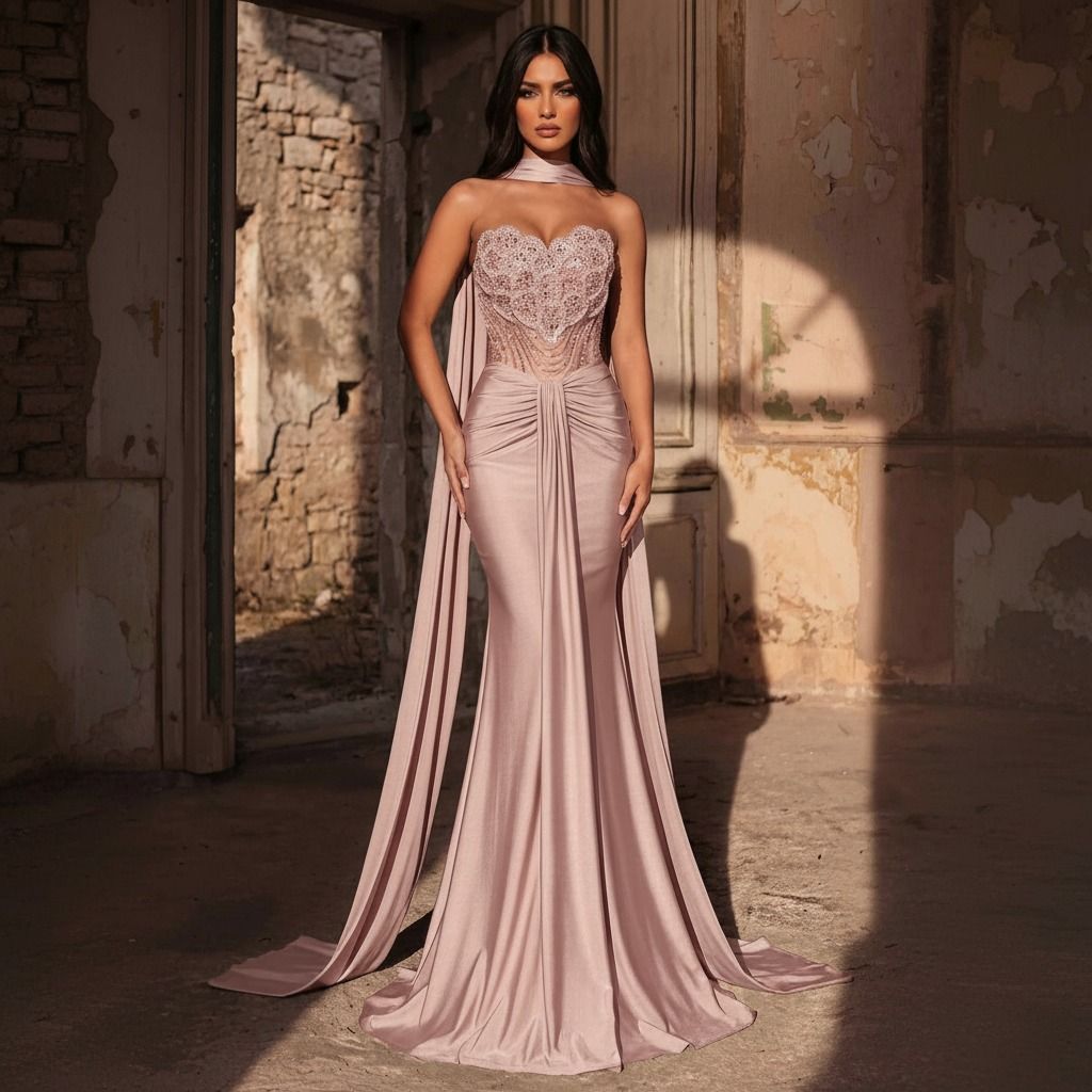 Vista frontal completa del vestido sirena rosa pálido con corsé bordado y capa lateral cayendo desde el cuello