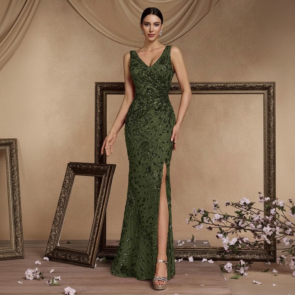 Vestido largo sirena verde oliva con lentejuelas bordadas, escote V y abertura lateral, vista frontal