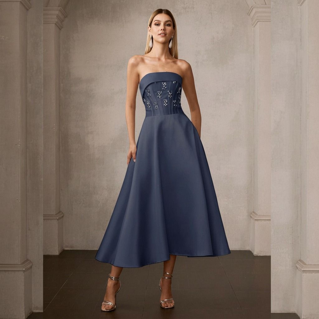 Vestido midi azul acero strapless de frente, corpiño con pedrería y falda evasé amplia con sandalias plateadas
