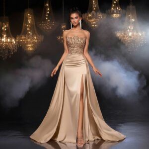 Vestido largo strapless champagne con corsé de pedrería y sobrefalda drapeada con abertura lateral vista frontal