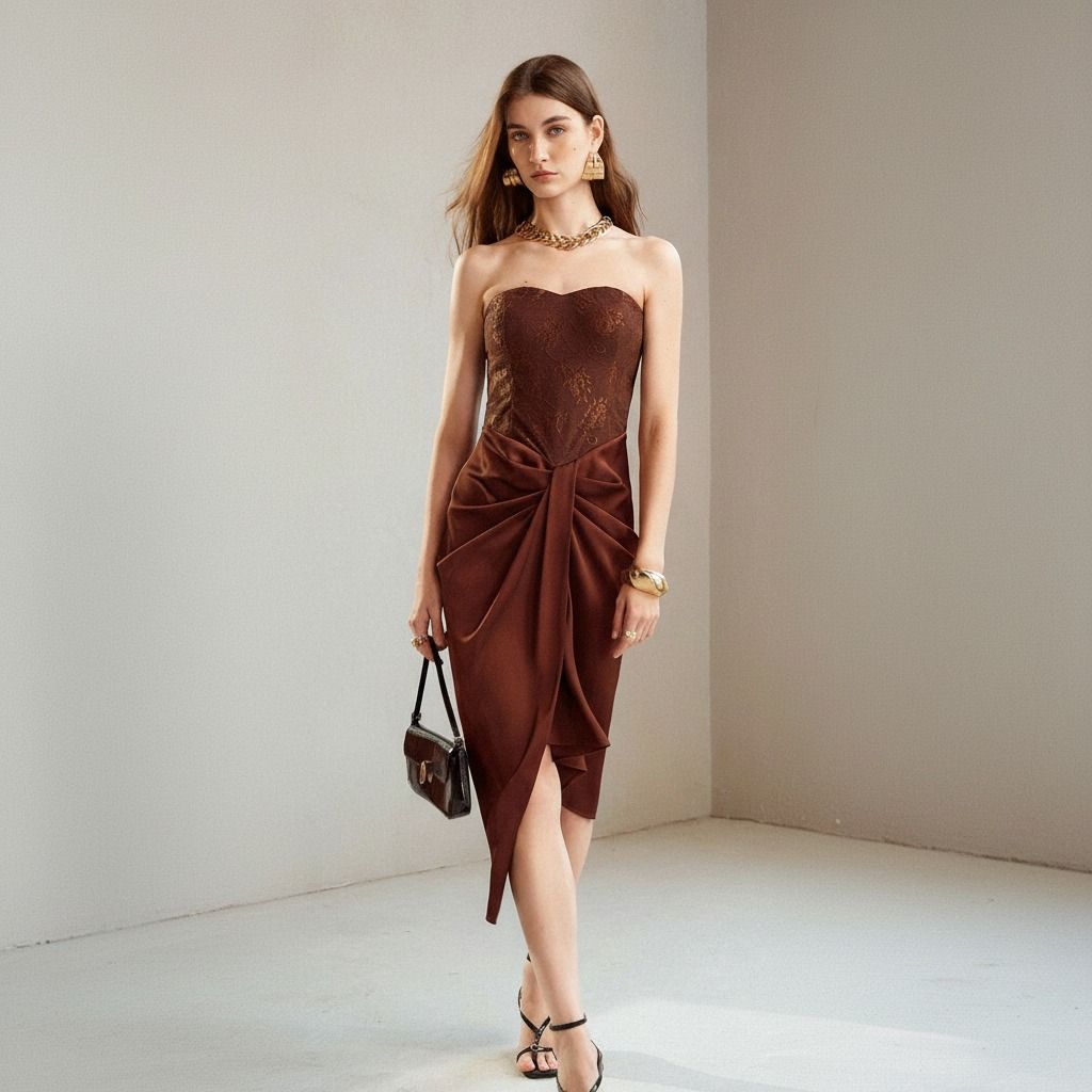 Vestido strapless midi chocolate con corsé de encaje floral y falda satinada drapeada, vista frontal de cuerpo completo