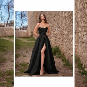 Vestido largo negro satinado strapless con falda corte A y abertura frontal, vista completa de frente
