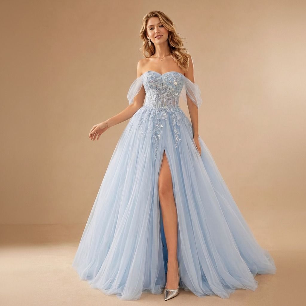 Vestido largo de tul celeste con corsé bordado, escote corazón, mangas off-shoulder de tul y abertura lateral, vista frontal