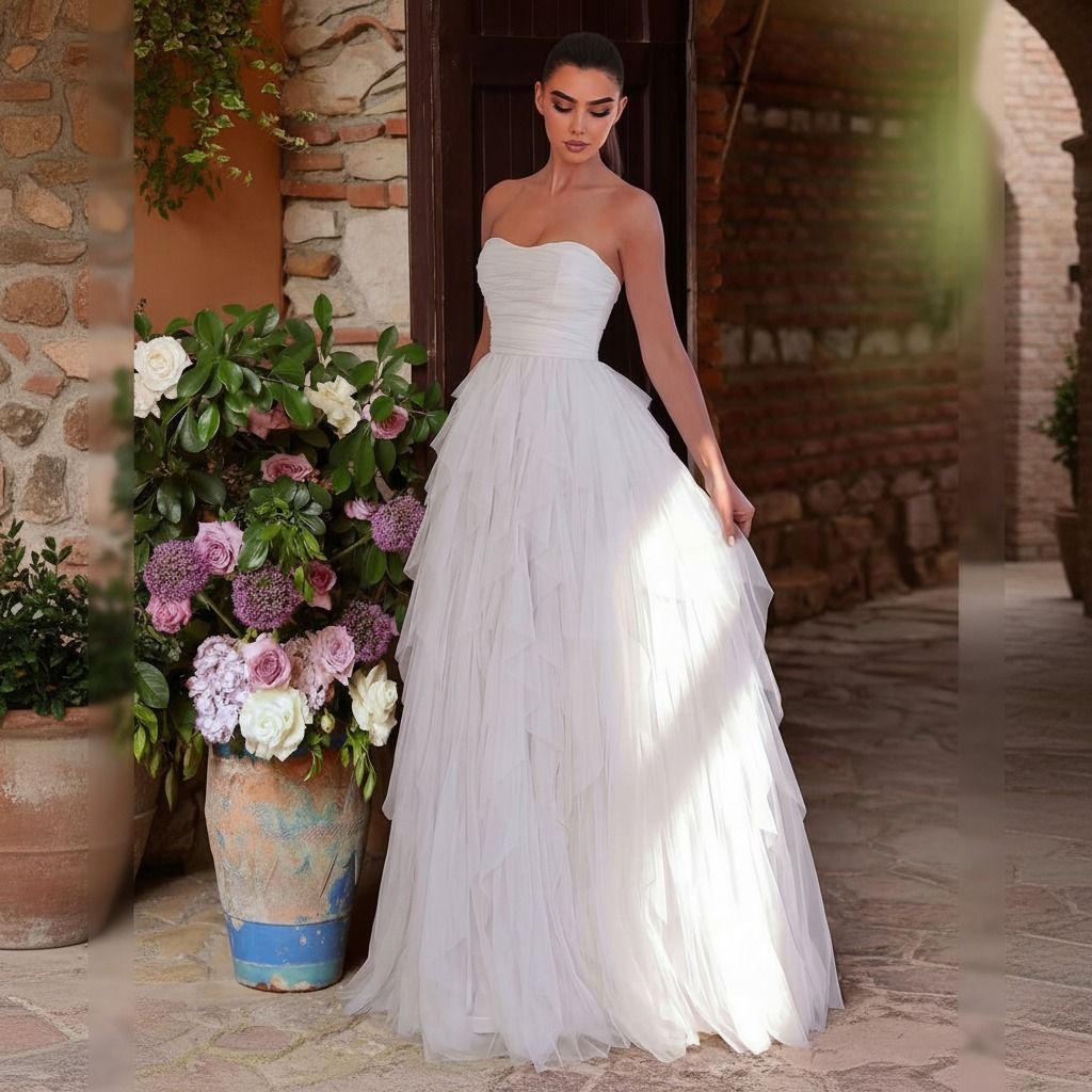 Vestido blanco largo de tul con corpiño strapless drapeado y falda de capas, vista frontal completa