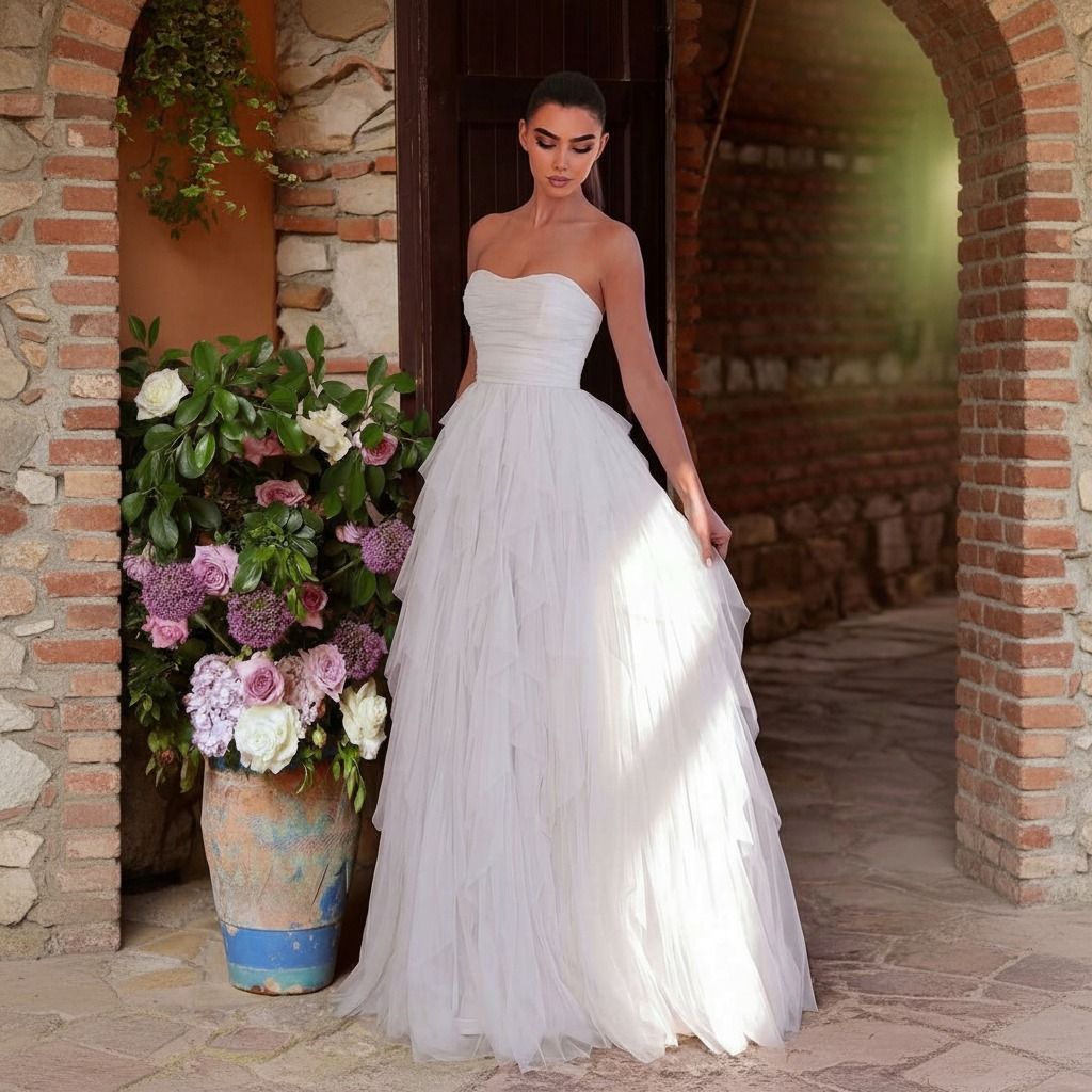 Vestido largo de tul blanco strapless con corpiño drapeado y falda de capas, vista frontal completa