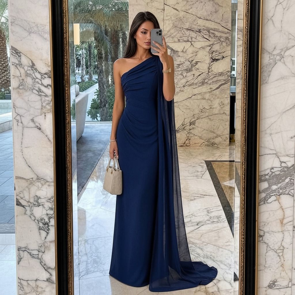 Vestido largo azul marino con escote un hombro y capa de gasa, vista frontal frente a espejo