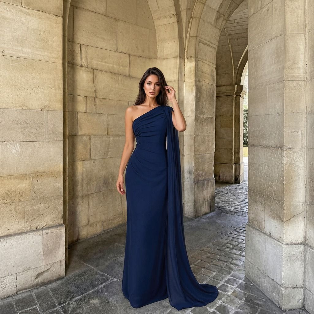Modelo con vestido azul marino un hombro con capa de gasa, pliegues visibles en el torso, fondo arquitectónico