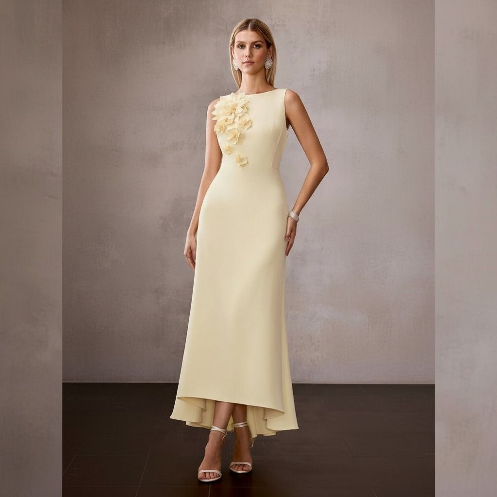 Vestido midi amarillo vainilla con flores 3D en el torso, escote barco y ruedo asimétrico, vista frontal completa