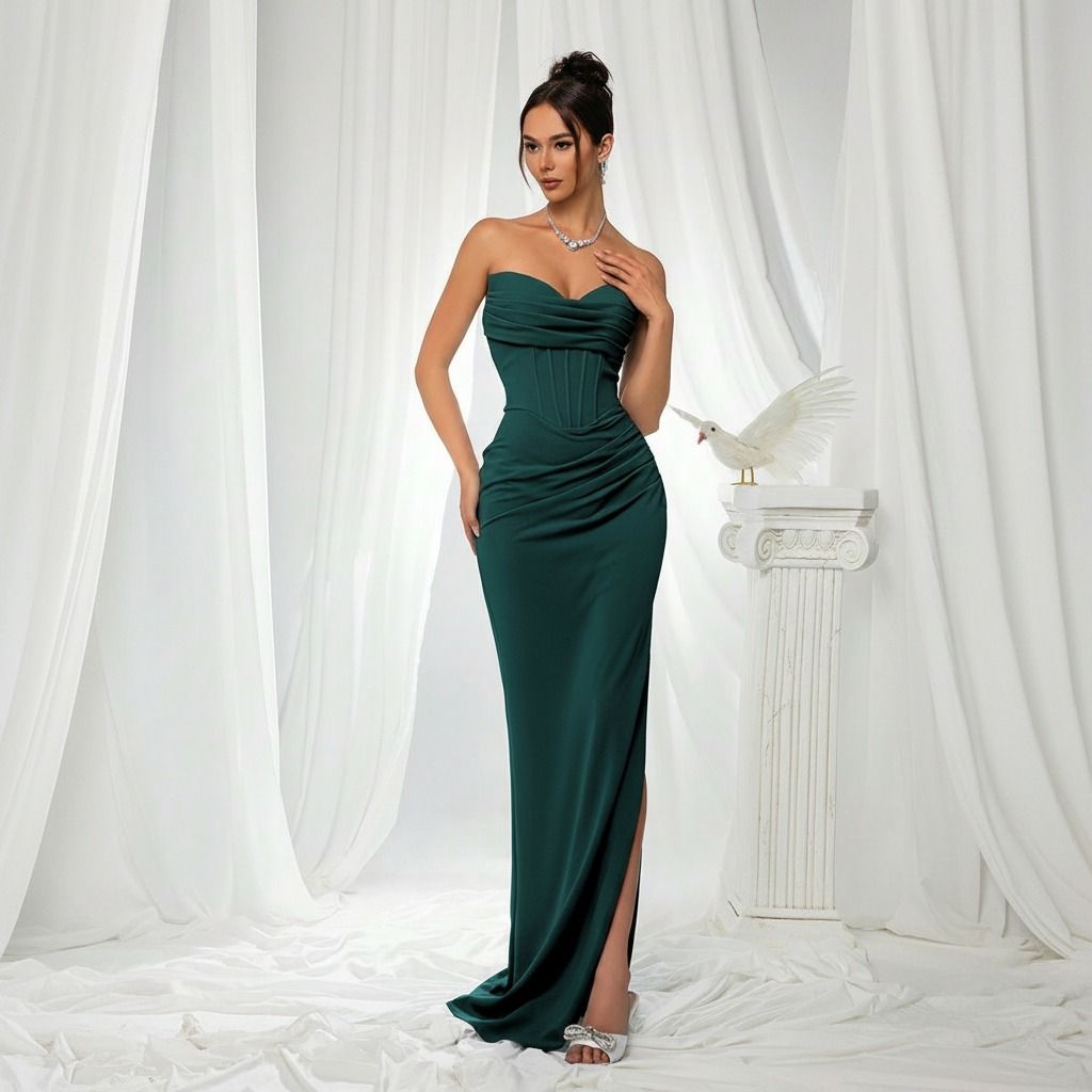 Vista frontal completa del vestido verde esmeralda con escote corazón, frunces diagonales y abertura lateral