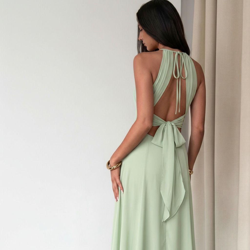 Detalle de espalda descubierta con cintas cruzadas y lazo en vestido largo verde menta de gasa