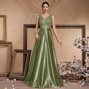 Vestido largo verde oliva con cuerpo de lentejuelas y falda evasé en satén, vista frontal completa