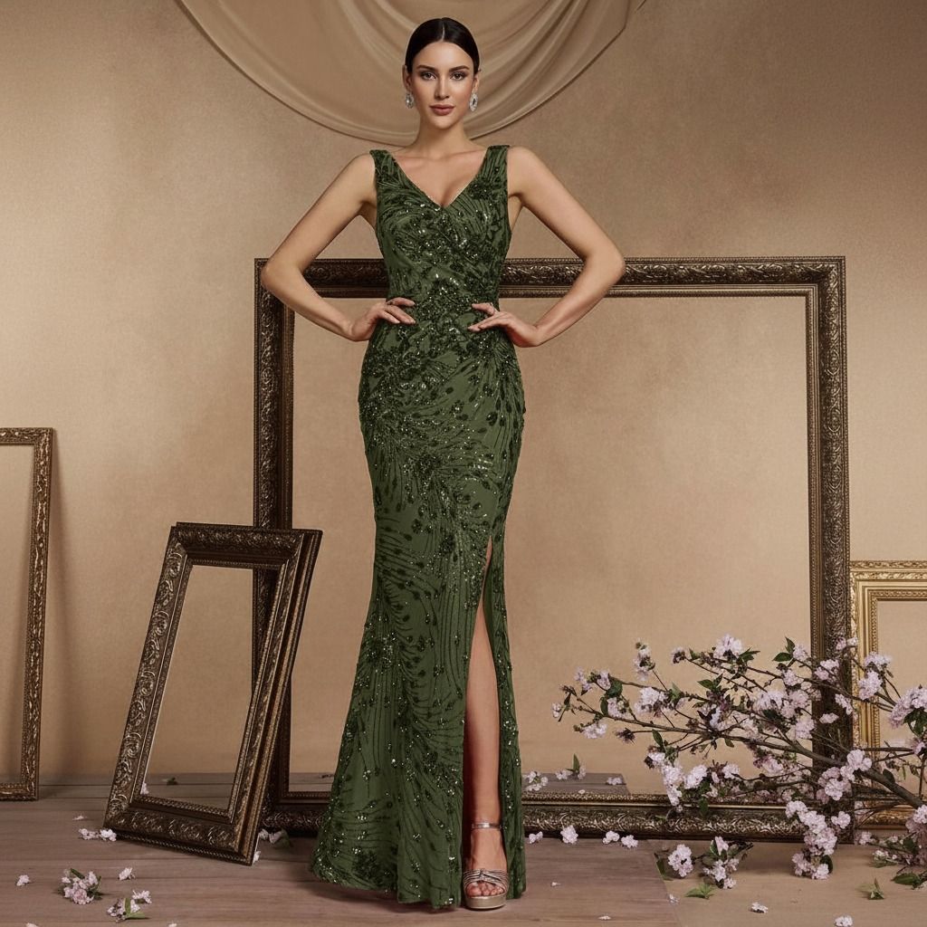 Mujer con vestido sirena verde oliva de lentejuelas, escote V profundo y abertura en pierna, vista completa