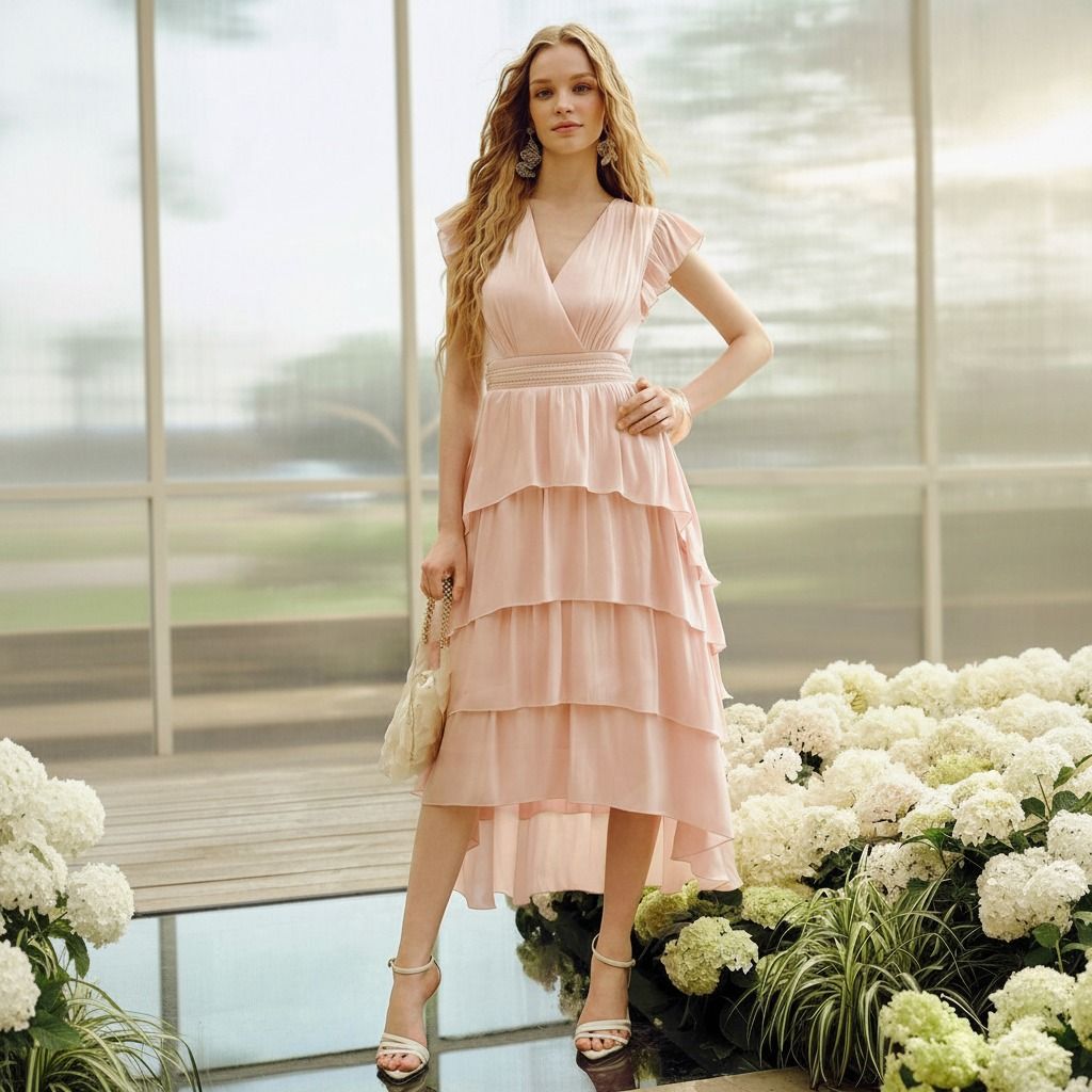 Modelo de pie con vestido midi rosa palo de volantes asimétricos, escote V y mangas con vuelo corto